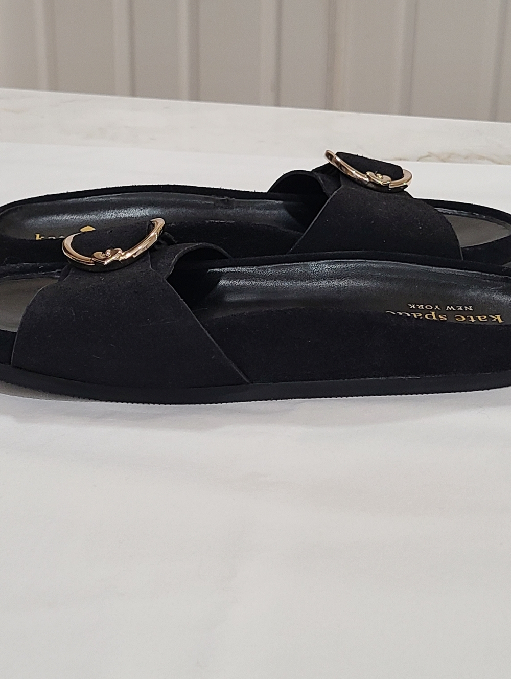 kate spade New York Della Slide Sandals Black Gold Buckle Size 7 - Picture 8 of 16